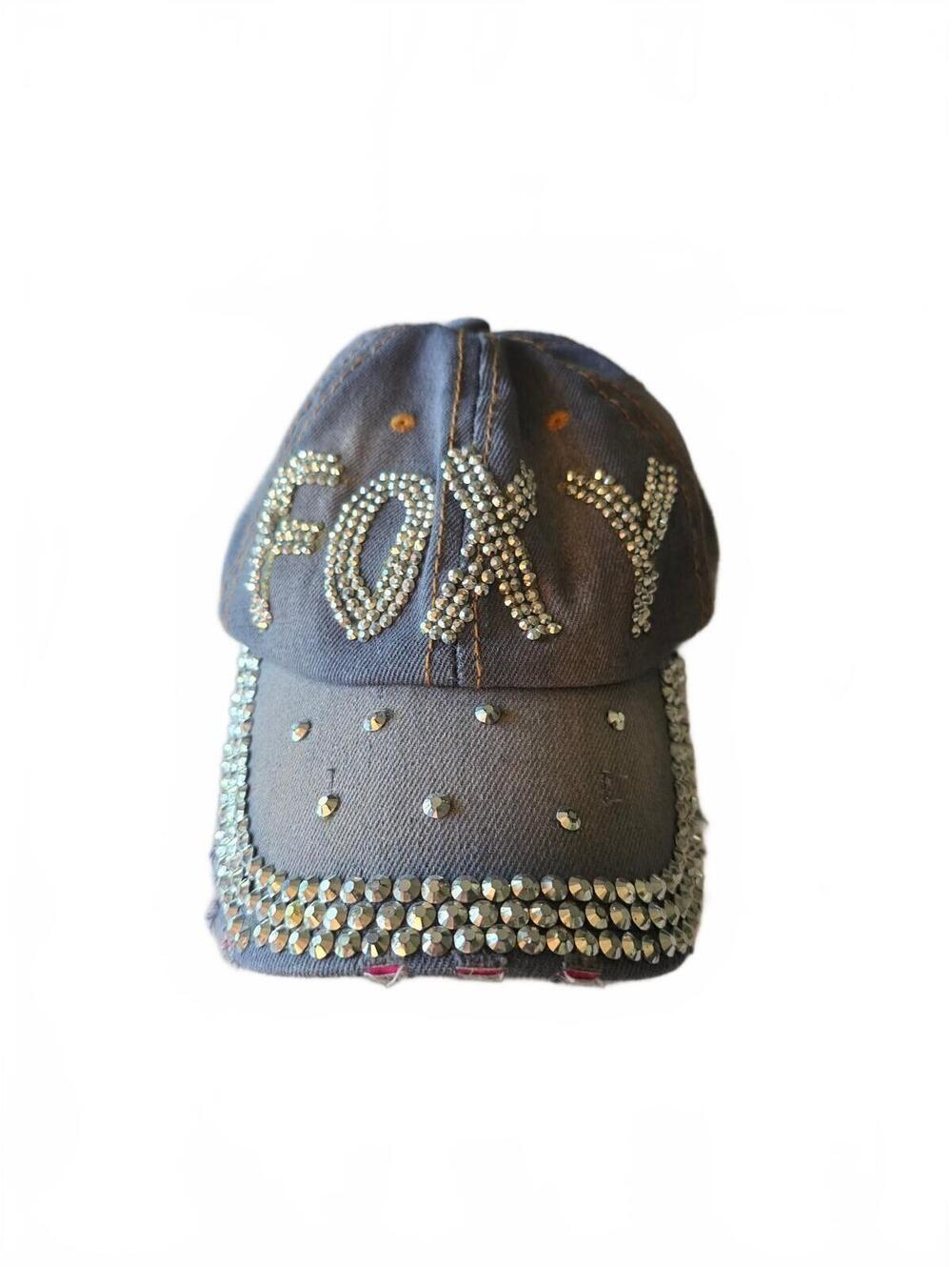 NoLlia “Foxy” Rhinestone Embellished Gray Denim Baseball Cap